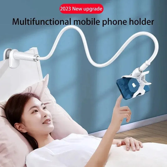 Suporte para celular com clipe 360°, portátil e flexível, para uso na cama ou mesa, compatível com iPhone, Samsung e Xiaomi.