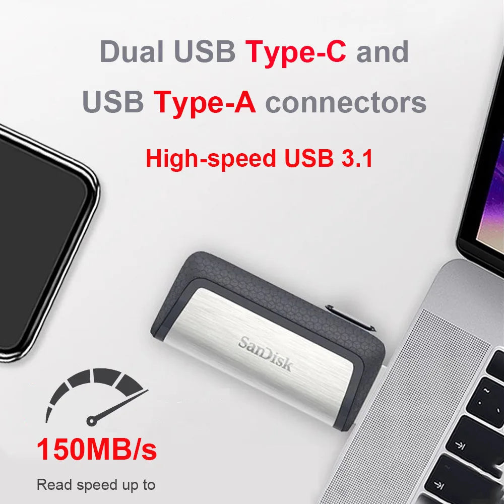SanDisk SDDDC2 OTG USB 3.1 Type-C Flash Drive 256GB 128GB 64GB Ultra Dual Drive 150MB/s USB Type-C for USB Type-C and Type-A
